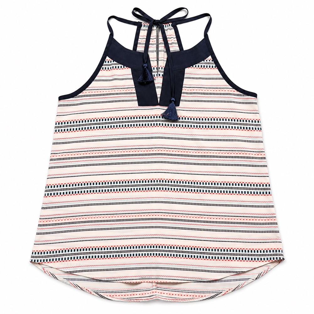 Athleta Chi Chi Halter Tank Top Navy Coral Geometric Stripe Tassels Gym Beach
